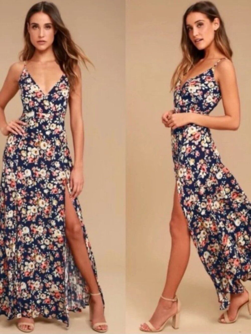 Lulu's Navy Floral Maxi Dress with Slit